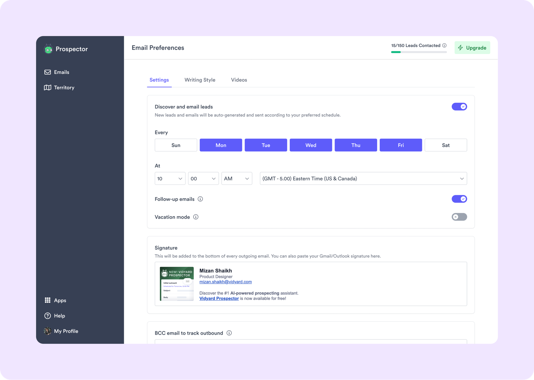 The Settings page — the Discover and email leads toggle, the weekday schedule, and a Vacation mode toggle